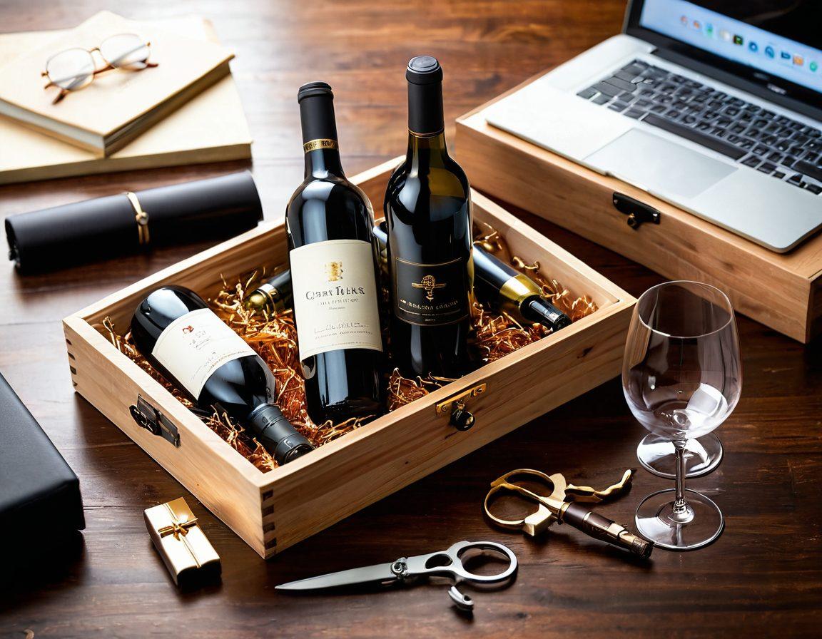 A stylish wine gift box surrounded by elegant wine accessories, such as opener, glasses, and a corkscrew, all on a sleek wooden table. Soft golden light enhances the warmth of the scene, while a laptop displaying an e-commerce website in the background symbolizes online shopping. Include subtle hints of vineyards in the distance. super-realistic. vibrant colors. soft focus.
