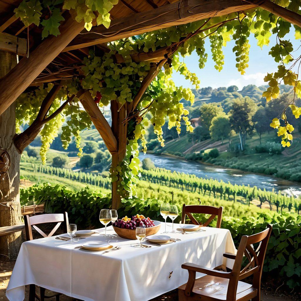 A picturesque vineyard scene transitioning from vibrant red grapes to pure white wine, with joyful tasters clinking glasses under a sun-dappled canopy. Include lush greenery, rustic wooden tables, and a gentle stream flowing through the background. Capture the essence of celebration, exploration, and the rich colors of the wine-making process. super-realistic. vibrant colors. warm lighting.