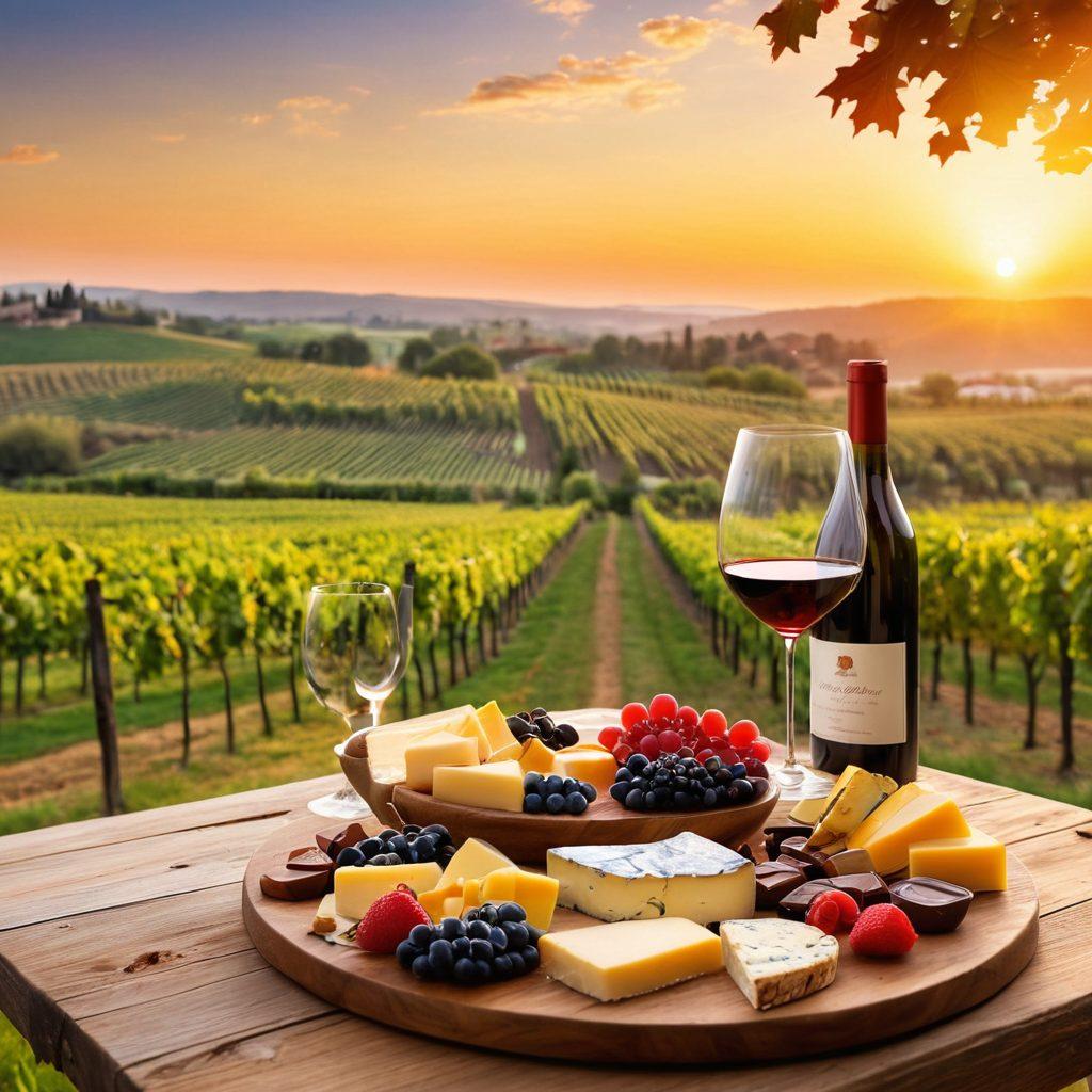 An elegant wine tasting scene featuring a beautifully arranged wooden table with various wine glasses, half-filled with rich red and crisp white wines. Surrounding the table are delightful appetizers like cheese, fruits, and chocolates, all adorned with soft candlelight. Background showcases a vibrant vineyard under a sunset, adding warmth and celebration to the atmosphere. The overall mood should evoke happiness and joy associated with wine tasting and pairing. super-realistic. vibrant colors. warm lighting.